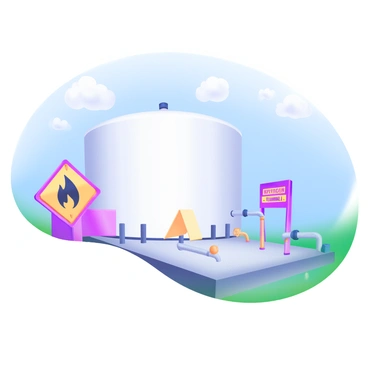 A large industrial hydrogen storage tank stands prominently in the foreground. The tank is cylindrical and metallic, painted in a clean white finish. Surrounding the tank are several safety signs, including a bright yellow warning sign that features a black symbol of a flame, indicating the presence of flammable gas. Another sign displays a caution symbol with bold letters stating "Hydrogen – Flammable" in red. The ground around the tank is paved with grey concrete, and a few pipes and valves are visible, leading away from the tank. A blue sky stretches above, with a few fluffy white clouds.