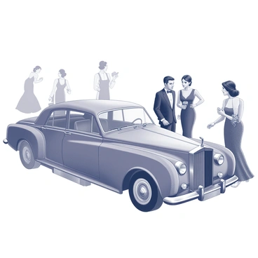 A scene depicting several vintage cars parked in front of an elegant venue. The cars are classic models with shiny chrome accents and detailed bodywork. Guests are stepping out of the vehicles, dressed in refined, formal attire. A man in a tailored suit, complete with a bow tie, exits one car, while a woman in a sophisticated evening gown adjusts her hair as she steps out of another. Some guests are holding stylish clutch bags and accessories. The atmosphere conveys a sense of sophistication and celebration as they engage in conversations upon arrival.