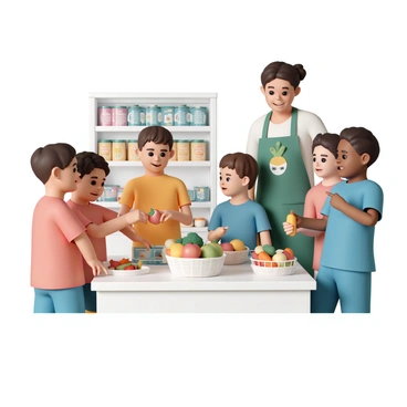 A group of preschool children, wearing colorful t-shirts and shorts, are gathered around a table at a food bank. They are actively engaged in a hands-on learning activity about healthy food choices. On the table, there are various fruits and vegetables, including apples, bananas, carrots, and broccoli, displayed in baskets. Each child is holding a different item, with expressions of curiosity and excitement on their faces. One child, wearing a red shirt, is pointing at an apple while another child, in a blue shirt, is examining a carrot. A teacher, wearing a green apron with a friendly smile, is explaining the benefits of healthy eating to the group. The background shows shelves filled with canned goods and packaged foods, adding to the learning environment.