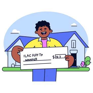 A person with a wide smile is holding a giant fake check that has the words "Lottery Winner!" printed in bold letters. The person is wearing a colorful shirt and standing in front of a modest home with a simple design. The house has a small porch and a well-kept front yard with green grass and a few flowering plants. The sky above is clear and blue, adding to the cheerful atmosphere.
