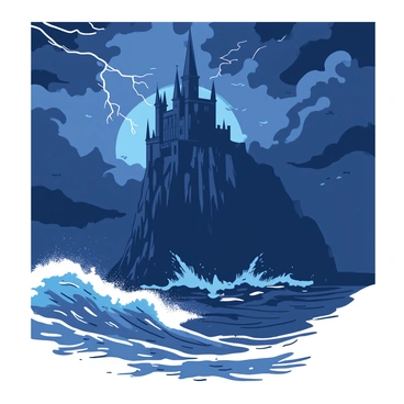 A dark sky filled with swirling storm clouds looms over a tall, ominous castle perched on the edge of a steep cliff. The castle's stone walls are rugged and weathered, with pointed towers piercing the sky. Lightning flashes intermittently in the clouds, illuminating the castle's silhouette. Below the castle, the ocean crashes violently against the rocky shore, sending sprays of white foam into the air. The scene conveys a sense of tension and impending weather.