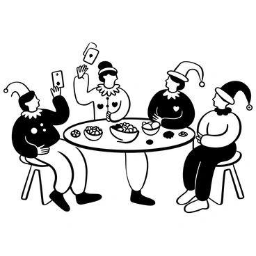A jester playing cards with other jesters, sharing laughs over a table of snacks.