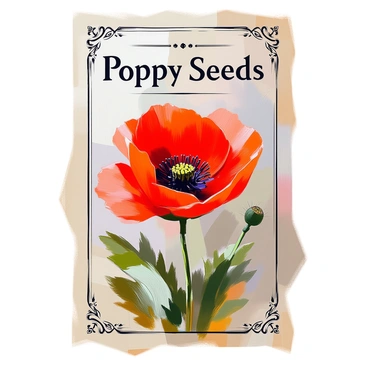 A vintage seed packet label featuring a large, vibrant illustration of a "red poppy" in full bloom, with intricate details highlighting its delicate petals and the dark center. The background is softly textured to enhance the vintage feel. Surrounding the poppy, ornate typography spells out the words "Poppy Seeds" in an elegant, classic font. Decorative borders frame the label, adding an antique touch to the overall design. The color palette includes rich reds, greens, and earthy tones to evoke a nostalgic garden atmosphere.