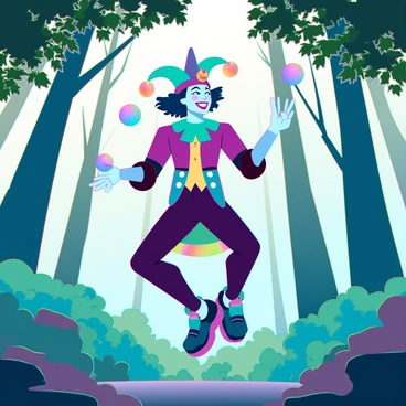 A whimsical joker character with a vibrant costume featuring a mix of purple, green, and yellow colors. He has a wide grin, exaggerated facial features, and a colorful jester hat adorned with bells. He is playfully juggling a set of shiny, colorful balls in mid-air. The lush green forest surrounds him, with tall trees and thick foliage in the background. Sunlight filters through the leaves, creating dappled light patterns on the forest floor. The joker's dynamic pose conveys a sense of joy and energy, while the colorful balls appear to float gracefully around him.