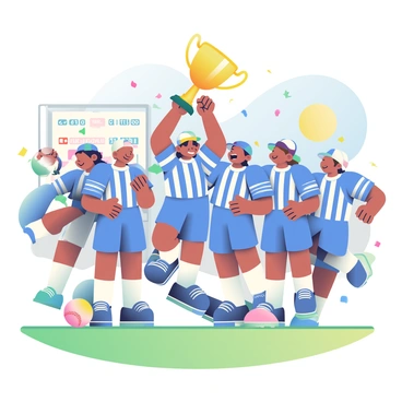 A diverse team of six players is gathered on a grassy field, celebrating their victorious win in a kickball game. Four members are holding a large, shiny trophy above their heads, displaying smiles and excitement. The players are wearing matching bright blue uniforms with white stripes. Confetti in various colors is falling around them, creating a festive atmosphere. In the background, a kickball rests on the ground near home plate, and a scoreboard shows their winning score. One teammate is jumping in the air with joy, while another is giving a high five to a teammate. The sun is shining brightly in the clear blue sky.