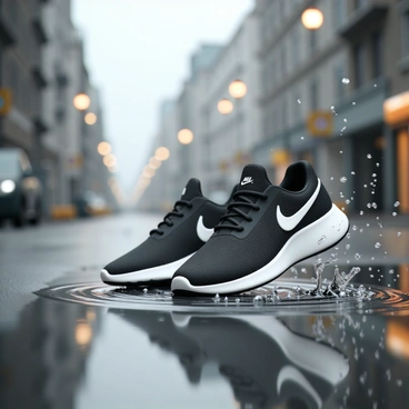A pair of Nike shoes, featuring a sleek black design with white accents, is mid-step as they splash through a large puddle on a rainy street. Water droplets scatter in all directions, creating a dynamic effect. The street is wet, with glistening reflections from nearby streetlights illuminating the scene. Raindrops can be seen falling from the grey sky, adding to the atmosphere of a rainy day. A small ripple forms in the puddle as the shoes make contact, emphasizing the motion of the splash.