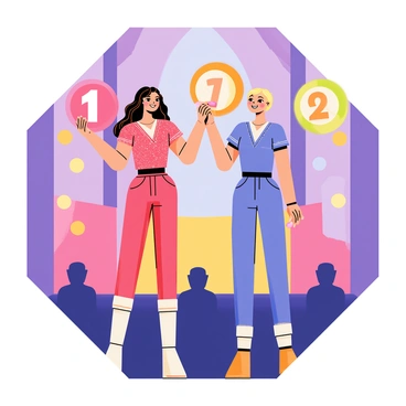 Two ring girls standing in a vibrant octagon-shaped setting, each holding up round number cards. One girl has long, flowing brown hair and is wearing a sparkling red outfit, while the other has short, styled blonde hair and is dressed in a shiny blue outfit. The number cards they hold display "1" and "2" in bold white text against colorful backgrounds. The octagon is filled with bright lights and audience silhouettes, enhancing the energetic atmosphere of the scene.