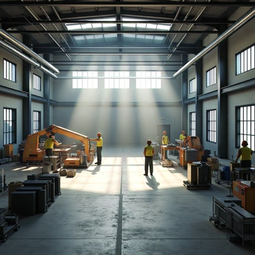 A spacious factory interior with high ceilings and large skylights allowing "sunlight" to stream in. The beams of light illuminate the "work floor," highlighting various industrial machines and workers engaged in their tasks. The floor is made of concrete and scattered with tools and materials. There are metal pipes running along the ceiling and large windows that provide additional natural light. The atmosphere is filled with a sense of productivity and industry, as shadows dance across the floor in the sunlight.