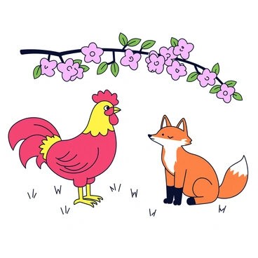 A rooster with vibrant red plumage stands confidently, looking directly at a sly orange fox with a bushy tail. The rooster has an animated expression, its beak slightly open as if mid-conversation. The fox sits on its haunches, with a playful smirk on its face, ears perked up in interest. Above them, a cherry tree is in full bloom, with delicate pink flowers and green leaves creating a beautiful canopy. The ground is covered with soft grass, contrasting with the colorful characters engaged in their witty exchange.