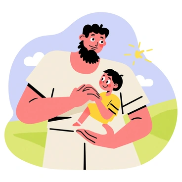 A giant with a friendly expression is gently cradling a small child in his large hand. The giant has a bushy beard and wears a simple tunic, with a background of green hills and blue sky. The small child, with bright eyes and a joyful smile, is looking up at the giant, feeling safe and happy. The sunlight casts a warm glow on the scene, creating a sense of a caring and gentle interaction.