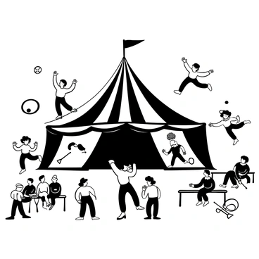 A large circus tent with the words "Big Top" prominently displayed at the entrance. Inside, acrobats are performing various stunts, such as a trapeze artist soaring through the air and a tightrope walker balancing high above the ground. Clowns are juggling colorful balls while a ringmaster stands in the center, directing the show. Various circus equipment like hoops and balancing poles are scattered around. Spectators are seated on benches, looking on with excitement.