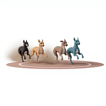 A group of four greyhounds, each with sleek, muscular bodies, is racing around a circular track. The first greyhound is a brindle color, its legs outstretched as it accelerates ahead of the others. The second greyhound is black with a white chest, its ears pinned back, and its mouth slightly open as it breathes heavily. The third greyhound is fawn with a glossy coat, sprinting with powerful strides, while the fourth is a blue greyhound, its body low to the ground, showcasing its speed. Dust is kicking up behind them, and the track is marked with white lines. The scene captures the dynamic energy and fierce competition of the race.