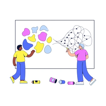 Two artists are standing side by side in front of a large blank wall. The first artist is using bright colors in a spray can to create abstract shapes, while the second artist is painting intricate line work with a paintbrush. The two styles are visibly merging in the center of the wall, where vibrant colors and detailed patterns intersect. Both artists are focused on their work, surrounded by open paint cans and brushes scattered on the ground. The scene captures their collaboration and creativity in action.