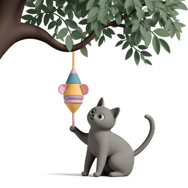 A fluffy gray cat with bright green eyes is playfully batting at a piñata shaped like a mouse. The piñata, vibrant and colorful, is hanging from a sturdy branch of a large oak tree, swaying gently in the breeze. The surroundings are filled with lush green leaves and dappled sunlight filtering through the branches. The cat is in a crouched position, one paw raised mid-swipe, displaying its playful intent while its tail flicks in excitement.