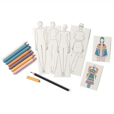 Illustration tools such as markers and pencils beside body templates with fashion sketches