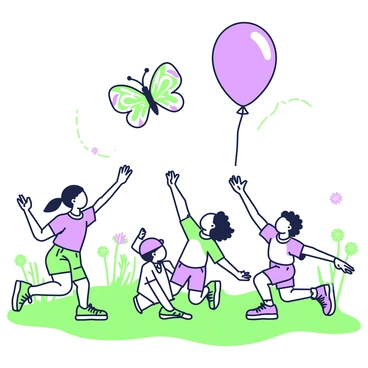 A group of children is playing in a field. The children are running and laughing, their joyful expressions visible as they chase after giant butterfly-shaped balloons floating above them. The balloons have intricate designs on their wings, adding to the scene's vibrancy. In the background, there are patches of grass and wildflowers swaying gently in the breeze. Some children are reaching up with outstretched hands, trying to grab the colorful balloons, while others are sitting on the grass, enjoying the warmth of the sun.