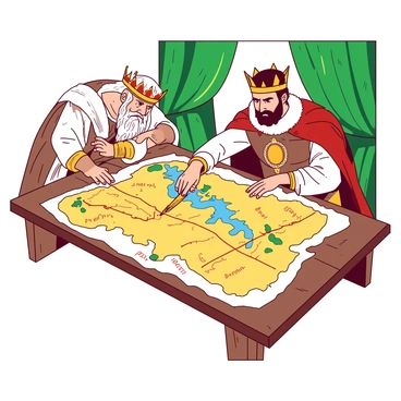 An ancient map of a kingdom is spread out on a wooden table. The map features intricate details, including various terrains, rivers, and marked territories. A royal advisor, dressed in ornate traditional attire, is leaning over the map, pointing with a gold-tipped quill at specific regions. The king, adorned in regal garments with a crown, listens intently as he gazes at the map, contemplating the advisor's insights. The table is surrounded by lush green curtains, adding to the atmosphere of the royal chamber.