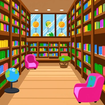 A large, old library filled with towering wooden bookshelves that stretch up to the ceiling. The shelves are packed with colorful books of various sizes and designs. In the corners, there are cozy reading nooks with plush armchairs and small tables, inviting readers to settle down. Soft light filters through large stained glass windows, casting vibrant patterns on the wooden floor. A vintage globe sits on a stand near one of the reading nooks, adding to the charming atmosphere.