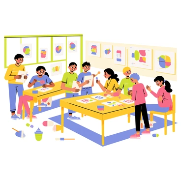 A bright and colorful classroom filled with children engaging in art crafts. Several children are using potato prints to create various patterns on sheets of white paper. Each child has different colored paints on their workstations, including red, blue, green, and yellow. The classroom is decorated with hanging artworks made by the students, featuring vibrant colors and playful shapes. Some children are smiling and showing their creations to each other, while others are focused on applying paint to the potatoes. Scattered around the room are brushes, sponges, and empty paint containers, adding to the lively atmosphere of creativity.