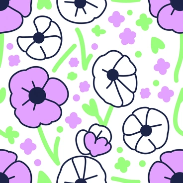 A seamless pattern featuring a variety of poppies arranged in an overlapping design. The poppies have distinct outlines and are oriented at different angles, creating a sense of movement throughout the pattern. Each poppy has a prominent center and several petals that radiate outward. The background is filled with smaller floral elements, complementing the larger poppy design. The overall composition has a balanced and harmonious appearance, emphasizing the beauty of the flowers in a repetitive format.
