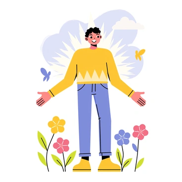 A figure with open arms stands in a welcoming pose, surrounded by colorful flowers. The figure has a friendly smile and bright, welcoming eyes. Soft rays of light shine down, creating a warm glow around them. Gentle butterflies flutter nearby, adding to the inviting atmosphere. The background features a blue sky with fluffy white clouds, enhancing the feeling of warmth and openness.