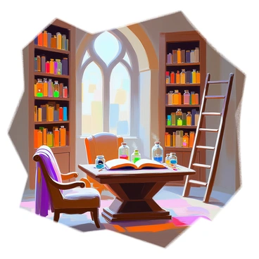 A wizard's library with tall, wooden bookshelves filled with numerous magical tomes, each adorned with intricate designs. The shelves are lined with jars containing potion ingredients, some glowing softly in shades of green and blue. A large, ornate wooden table sits in the center of the room, covered with an open spellbook and various quills and ink pots. A large window allows soft, ethereal light to filter in, illuminating dust particles dancing in the air. A comfortable armchair, draped with a colorful tapestry, is situated near the table, inviting one to read. An ancient, rolling ladder leans against the shelves, suggesting the presence of even more hidden knowledge above.