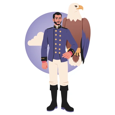 A man representing "Sam Houston" standing confidently with a strong posture. He has short, dark hair and a well-groomed beard. He is wearing a historical military uniform consisting of a dark blue coat with gold buttons, white trousers, and black boots. On his left arm, there is a large "bald eagle" with its wings slightly spread, showcasing its majestic plumage. The eagle has a sharp, regal gaze. The background features a blue sky with a few fluffy white clouds, enhancing the sense of strength and freedom.