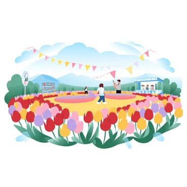 A vast field filled with "colorful tulips" in a variety of hues including red, yellow, pink, and purple. The tulips are blooming in full splendor, creating vibrant patches that stretch across the landscape. In the background, there are "bright banners" waving gently in the breeze, marking the celebration of a springtime festival. Several "people in casual clothing" can be seen walking through the field, enjoying the beauty and taking photographs of the flowers. "Decorative booths" are set up nearby, offering refreshments and flower-themed merchandise. A clear blue sky is overhead, contributing to the lively atmosphere of the festival.