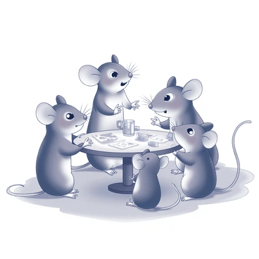 A group of several mice is seated around a small, round table. The mice have varied fur textures and sizes, and they are positioned closely together, each displaying an expression of concentration. One mouse, with large ears and bright eyes, is gesturing animatedly with its front paw, while another mouse, slightly larger, appears to be listening attentively, leaning forward. The tiny table is cluttered with an assortment of miniature items, possibly maps or scraps of paper, hinting at their strategic discussions. The background suggests a cozy environment, perhaps resembling a burrow, with soft lines outlining the surroundings.