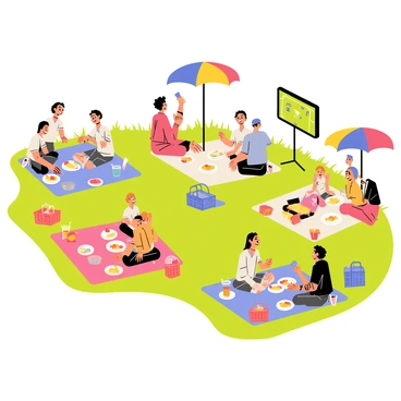 A vibrant outdoor scene featuring several "picnic blankets" spread out on lush green grass. People are seated on the blankets, enjoying a casual dining experience, with plates of food and drinks placed around them. Some customers are laughing and chatting, while others are focused on a game being displayed on a nearby screen. Colorful umbrellas provide shade over the picnic areas, and there are picnic baskets and colorful dishes scattered about. The atmosphere is lively and festive, capturing the essence of a relaxed outdoor sports bar setting.