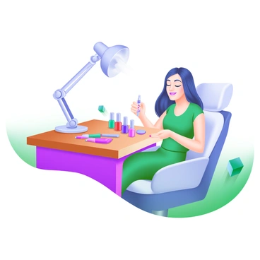 A nail care station with a sleek design featuring a polished wooden table. On the table, there are various nail care tools including clippers, files, and a cuticle pusher, arranged neatly beside a selection of colorful nail polish bottles. The pampered client, a woman with elegantly manicured nails, is seated comfortably in a plush chair, smiling as a nail technician gently applies polish to her nails. Soft lighting highlights the scene, creating a calm and inviting atmosphere.