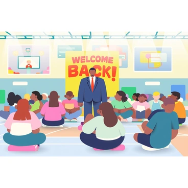 A school gymnasium is filled with students seated on the floor. They are a diverse group, with various hair colors and clothing styles, all focused on the principal standing at the front. The principal has medium skin and is wearing a navy blue suit with a white shirt and a red tie. Behind the principal is a large banner that says "Welcome Back!" in bright letters. Bright overhead lights illuminate the scene, and colorful posters decorate the gym walls. Some students are sitting cross-legged while others lean slightly forward, showing their engagement in the assembly. In the background, there are basketball hoops and gym mats, indicating the multi-purpose use of the space.