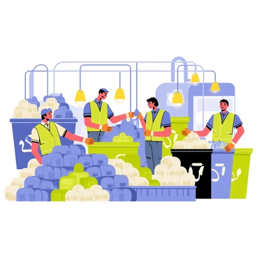 A recycling plant filled with workers wearing safety vests and gloves. The workers are actively sorting through piles of colorful materials, including blue plastic bottles, green glass containers, and vibrant cardboard boxes. Various recycling bins are arranged around the area, filled with organized waste items. Bright overhead lights illuminate the workspace, highlighting the dynamic activity taking place. The background features large machines processing the materials, emphasizing the scale of the recycling operation.