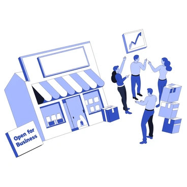 An illustration depicting a small business with a storefront. In the foreground, there is a sign that reads "Open for Business." The storefront features large windows showcasing various products. In the background, a group of business people are gathered together, discussing and reviewing documents. One person is pointing towards a chart that shows an upward trend in growth. The scene conveys a sense of excitement and progress, with visual elements such as stacks of boxes and a welcoming entrance, representing the flourishing nature of the business after receiving private equity funding.