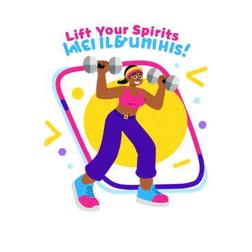 A retro fitness poster featuring a character lifting dumbbells with enthusiasm. The character is wearing colorful 1980s workout attire, including a bright headband and leg warmers. They have a big smile on their face, showcasing their excitement. The dumbbells are shiny and metallic, held high above their head. The background includes vibrant geometric patterns and pastel colors, enhancing the energetic feeling of the scene. The phrase "Lift Your Spirits!" is prominently displayed in bold, fun lettering at the top of the poster.