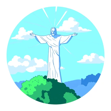 A white statue of Christ the Redeemer stands majestically on a green mountain, basking in bright sunlight. The statue's arms are outstretched, creating a sense of openness and welcome. Above, fluffy white clouds are slowly parting, allowing rays of sunlight to shine down directly onto the figure. The surrounding landscape is a mix of bright green foliage and blue skies, enhancing the serene atmosphere of the scene.