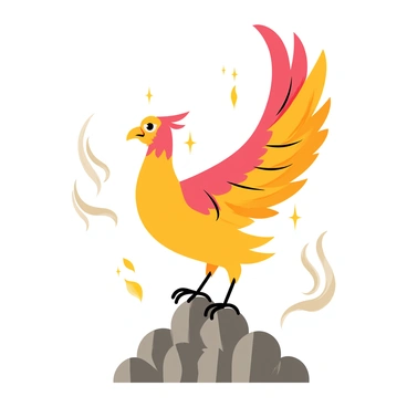 A phoenix with vibrant orange and red feathers rises dramatically from a pile of gray ashes. Its wings are spread wide, showcasing intricate patterns of flames along the edges. The bird's eyes shine like molten gold, reflecting the intensity of its rebirth. Bright sparks and embers surround the phoenix, creating a dynamic sense of motion as it ascends into the sky. In the background, wisps of smoke curl up into the air, adding to the atmosphere of transformation.