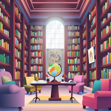 A grand ancient library features towering bookshelves made of dark mahogany, filled with countless leather-bound books and scrolls of various sizes. The ceiling is adorned with intricate wooden carvings, and large arched windows allow soft sunlight to stream in, illuminating the dust motes floating in the air. In the center, there are several large wooden tables scattered with open books, quills, and ink pots. An ornate globe sits on a pedestal, and a large tapestry depicting historical events hangs on one of the walls. There are plush, mismatched armchairs placed throughout the library, inviting readers to sit and explore the vast collection of knowledge.