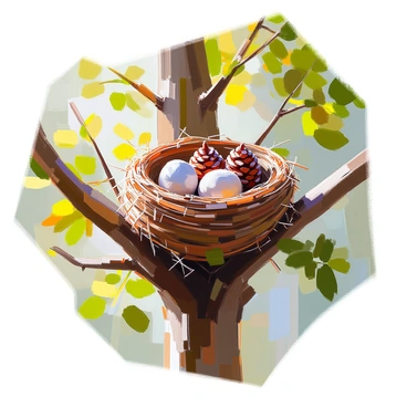 A bird's nest snugly built in the branches of a tall tree, crafted from twigs and leaves. The nest is carefully positioned around a collection of pine cones, which are tucked securely within it. Lush green foliage surrounds the nest, creating a natural setting high in the tree. The sunlight filters through the leaves, casting gentle shadows on the nest and pine cones.