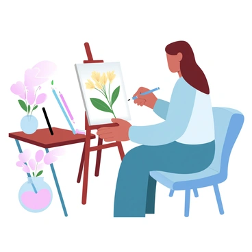 An artist is seated at an easel, focused on sketching an "evening primrose" in a detailed botanical illustration. The artist is holding a pencil in one hand and has a sketchbook positioned on the easel. Surrounding the artist are various art supplies, including colored pencils and brushes. The evening primrose is prominently featured, displaying its delicate yellow flowers and slender green leaves, carefully rendered on the sketchbook. A wooden table beside the artist holds additional botanical specimens and a small vase with more evening primrose flowers.
