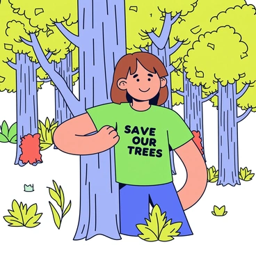 An environmental activist with medium-length brown hair wears a green t-shirt that reads "Save Our Trees." The activist is embracing a large, sturdy tree with textured bark in a dense forest setting. Surrounding the tree are several other trees with bright green leaves, demonstrating the lushness of the forest. In the background, a few trees have been marked with bright orange paint, indicating they are marked for logging. Sunlight filters through the canopy, casting dappled light onto the forest floor, which is covered in fallen leaves and small plants.