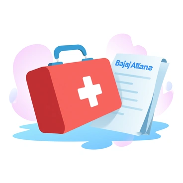A first aid kit sits prominently on a clean surface. The kit is red with a white cross symbol on the front. Next to the kit, there are neatly stacked insurance papers adorned with the "Bajaj Allianz" logo at the top. The background subtly includes soft gradient pastel colors that enhance the overall composition without overpowering the main elements.