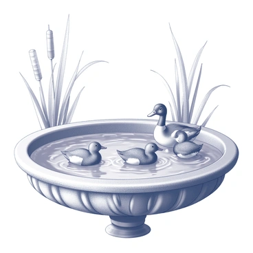 A family of ducks is swimming in the basin of a fountain. The ducks are arranged closely together, with the mother duck leading the group and her ducklings following closely behind. The surface of the water is slightly rippled, indicating their gentle movement. Surrounding the fountain's basin are a variety of tall reeds, swaying softly in a breeze. The reeds create a natural frame around the scene, adding depth and texture. The fountain itself has intricate stone carvings, adding to the charm of the outdoor setting.