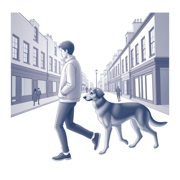 A person walking along a Dublin street. The individual is dressed in casual attire, with a light jacket and sturdy shoes. Beside them is a large Irish Wolfhound, its long legs and shaggy fur visible as it struts confidently. The street is lined with traditional brick buildings, showcasing their architectural details such as window frames and doorways. A few scattered pedestrians are visible in the background, and a distant lamppost adds to the urban setting.