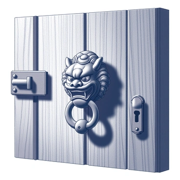 An ornate door knocker shaped like a foo dog is centered on an ancient wooden door. The door features weathered wood, with deep grooves and a rich texture that indicates its age. The foo dog design is intricate, showcasing detailed carvings and elaborate features, including a fierce expression and decorative elements surrounding it. The door is adorned with iron hinges and a large keyhole, enhancing its antique aesthetic. A hint of shadow plays across the wooden surface, emphasizing the knocker's prominent placement.