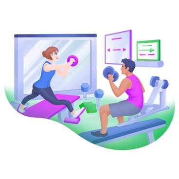 A gym interior featuring two athletes engaged in a friendly competition while performing dumbbell flies. One athlete, a woman with short brown hair, is wearing a bright blue tank top and black leggings. The other athlete, a man with curly black hair, is dressed in a red sleeveless shirt and gray shorts. They are positioned on exercise benches, each holding a pair of dumbbells. The background includes gym equipment like weights, exercise mats, and mirrors reflecting their determined expressions. A scoreboard on the wall displays their scores, adding an element of excitement to the scene.