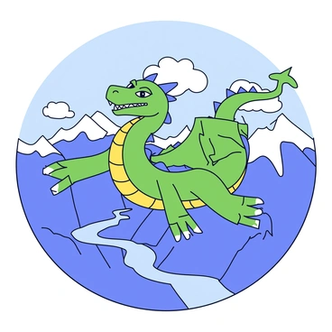 A large dragon with shimmering green scales and massive wings is soaring high above a rugged mountain range. Below, the mountains are steep and jagged, capped with white snow. The sky is filled with wispy clouds, and the sun casts a warm glow on the dragon's body. In the distance, a winding river can be seen snaking through the valleys of the mountains. The dragon's eyes are fierce and focused as it glides effortlessly through the air.