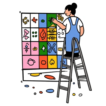 An artist with light skin and short black hair is standing on a ladder, painting a large mural. The mural features colorful designs inspired by mahjong tiles and symbols, with intricate patterns and vibrant colors. The artist is wearing a white t-shirt and denim overalls, and is focused on adding details to the mural with a brush in hand. Paint splatters can be seen on the ground beneath the ladder, showcasing the creative process.