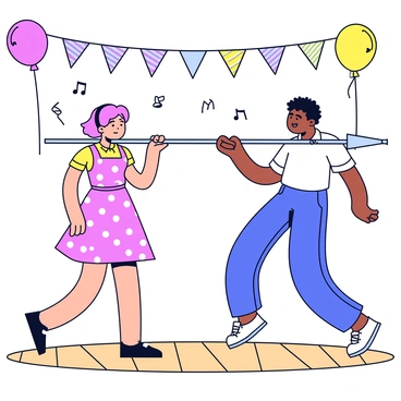 A scene depicting a 1950s-themed limbo dance party. Two individuals are dancing under a limbo stick, bending their bodies backward to pass under it. One dancer is wearing a polka dot dress with a cinched waist and a wide skirt, while the other is in rolled-up jeans and a tucked-in short-sleeved shirt. Colorful streamers and balloons hang in the background, creating a festive atmosphere. The floor is made of wooden planks, and music notes can be seen floating in the air.