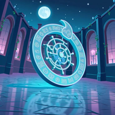 A magical moondial made of intricate silver filigree sits in the center of a courtyard. The courtyard is surrounded by tall, ornate stone walls adorned with vines and glowing lanterns. The moondial features a large crescent moon at its top and has an array of symbols etched into its surface. Underneath the clear night sky filled with stars, the moondial casts intricate, shadowy reflections on the cobblestone floor. The courtyard is illuminated by the soft glow of the moonlight, enhancing the enchanting atmosphere of the scene.